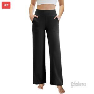 Wide Leg Yoga Pants with Pockets, Elastic Waist, Polyester Spandex